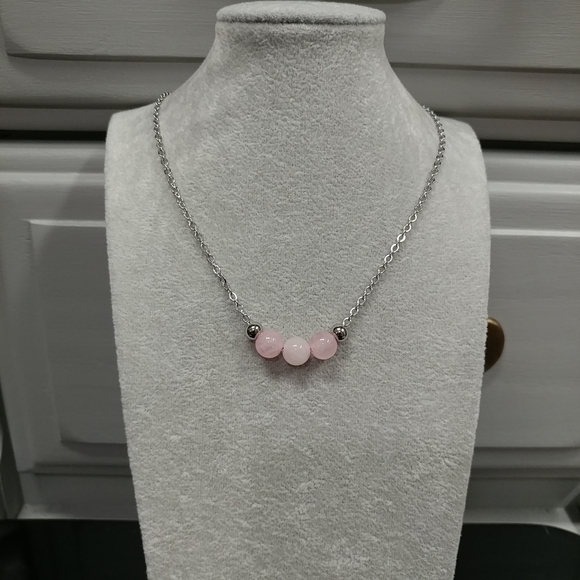 Rose Quartz Three Bead Necklace Natural Gemstone Crystal Stainless-Steel Chain - Picture 4 of 11